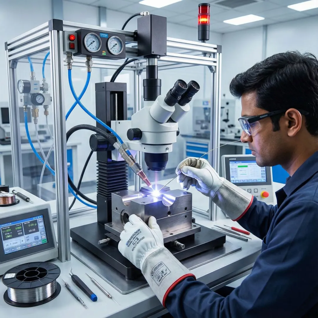 Precision micro-plasma welding of industrial mould component under magnification