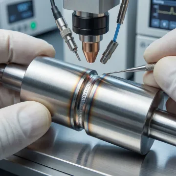 Precision laser welding microscope view showing controlled weld bead on small metal component