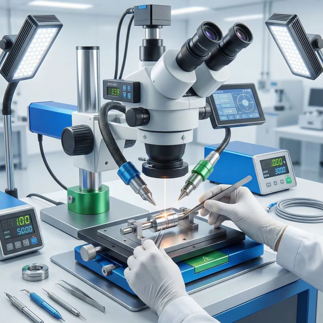 Technician operating precision laser welding equipment with microscope positioning