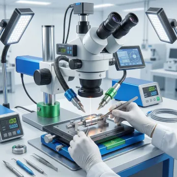 Technician operating precision laser welding equipment with microscope positioning
