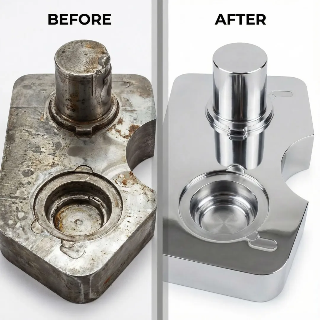 Before and after comparison of repaired industrial mould showing restored cutting edges and precision surfaces