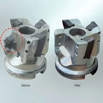 Before and after comparison of repaired indexable cutting tool showing restored cutting edge