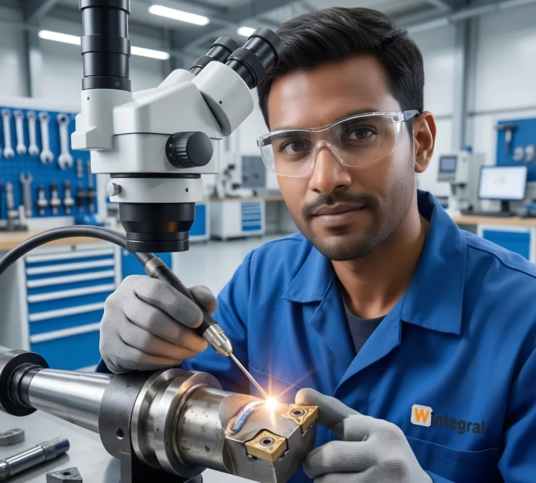Close-up of precision micro-welding repair on industrial cutting tool