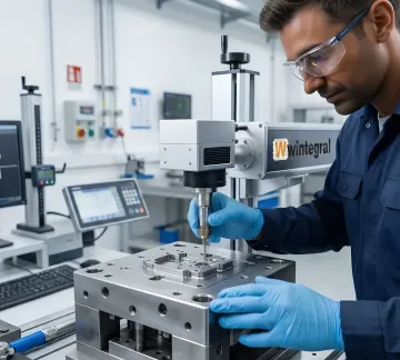 Industrial plastic welding technician performing precision micro-laser welding on industrial mould