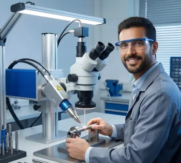 Technician operating precision laser welding system on industrial component