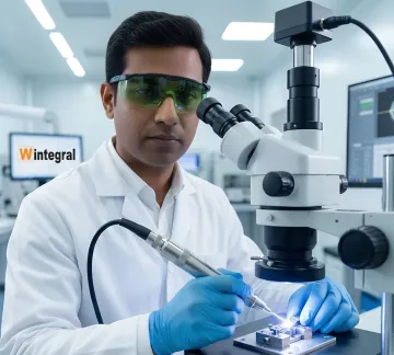 Laser welding technician operating precision equipment with microscope