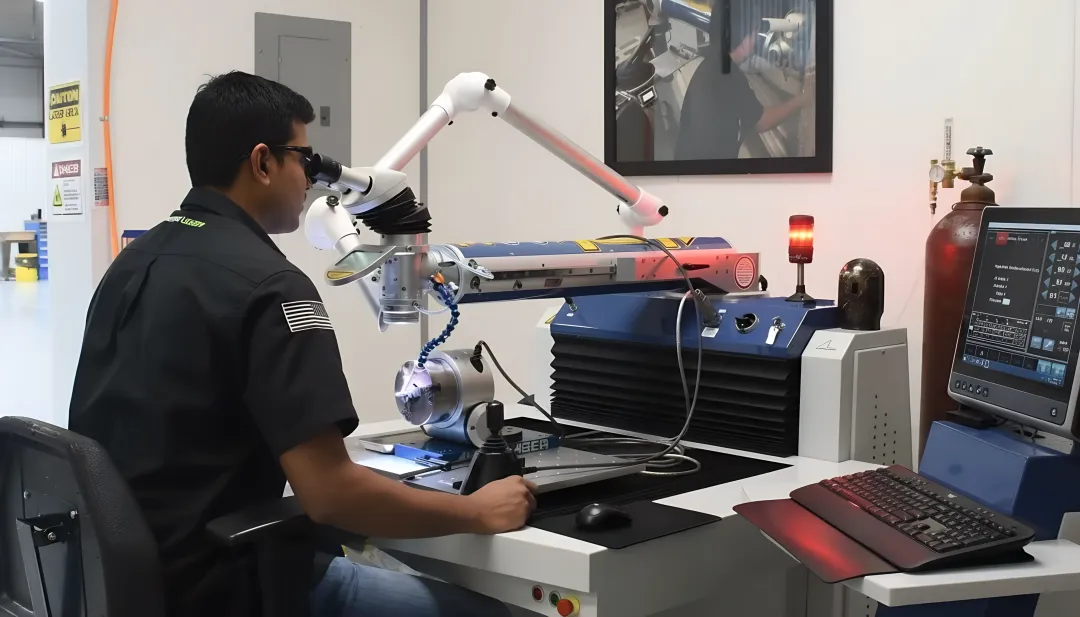 Advanced laser welding system performing precision metal joining on industrial component