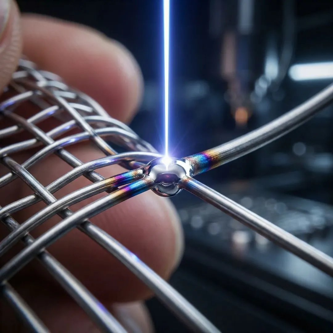Precision laser welding process on industrial component showing focused beam and minimal heat affected zone