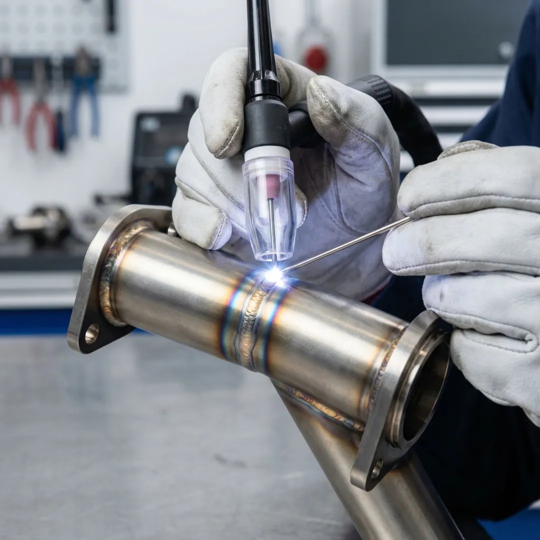 AWS-certified welder performing micro GTAW welding on titanium aerospace component under magnification