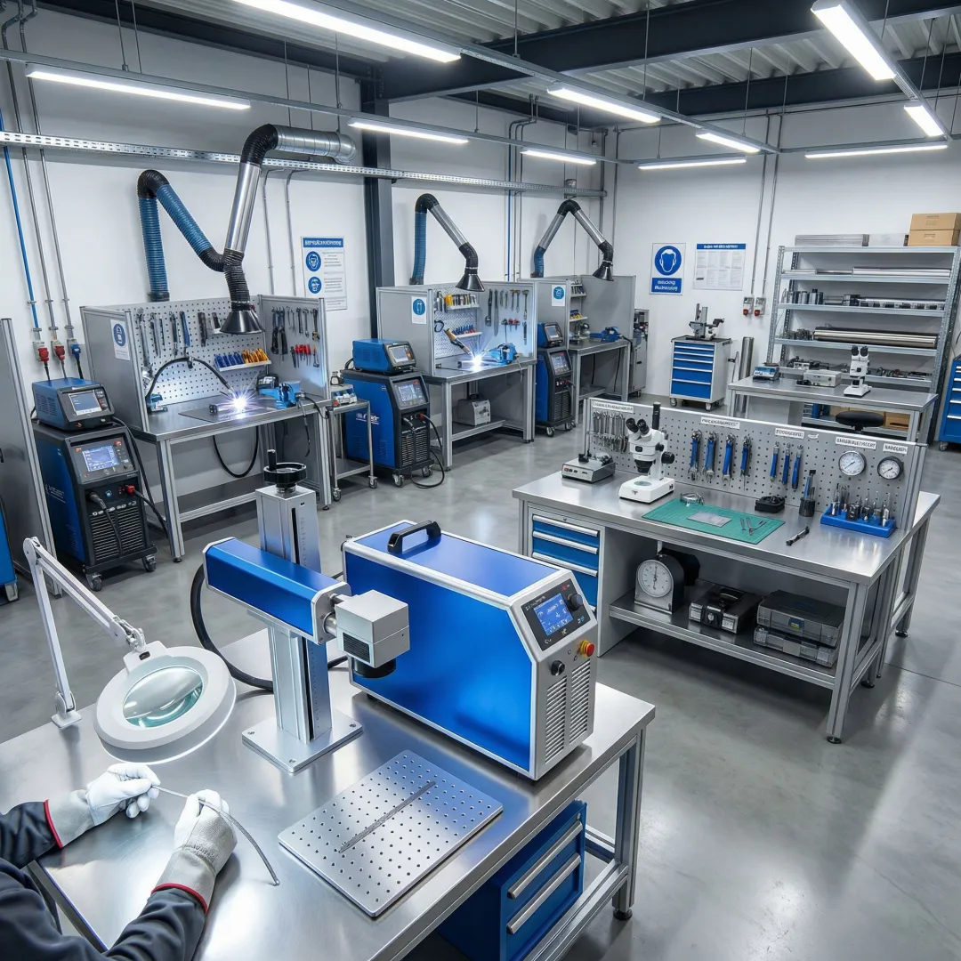 Modern welding facility showing multiple welding stations with advanced equipment and quality control setup