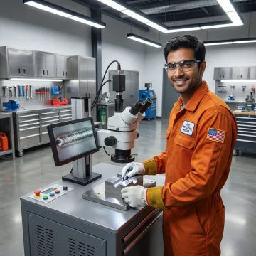 Close-up of precision welding equipment and certified welder performing quality inspection