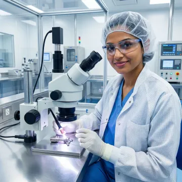AWS-certified welder performing micro GTAW welding on precision medical component