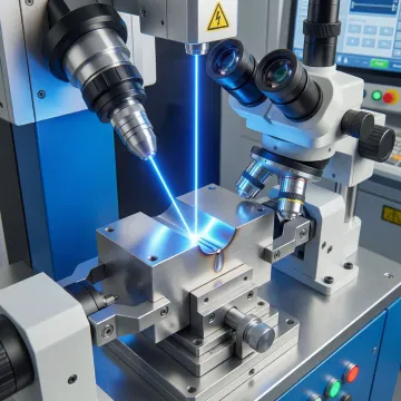 Close-up of precision welding equipment performing micro-laser welding on industrial component