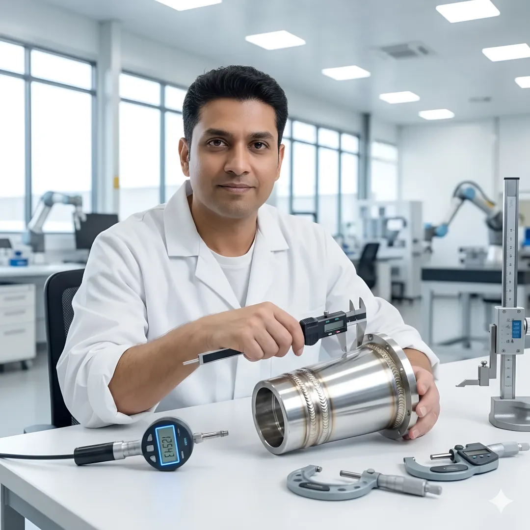 Professional arc welder working on industrial metal component with protective equipment