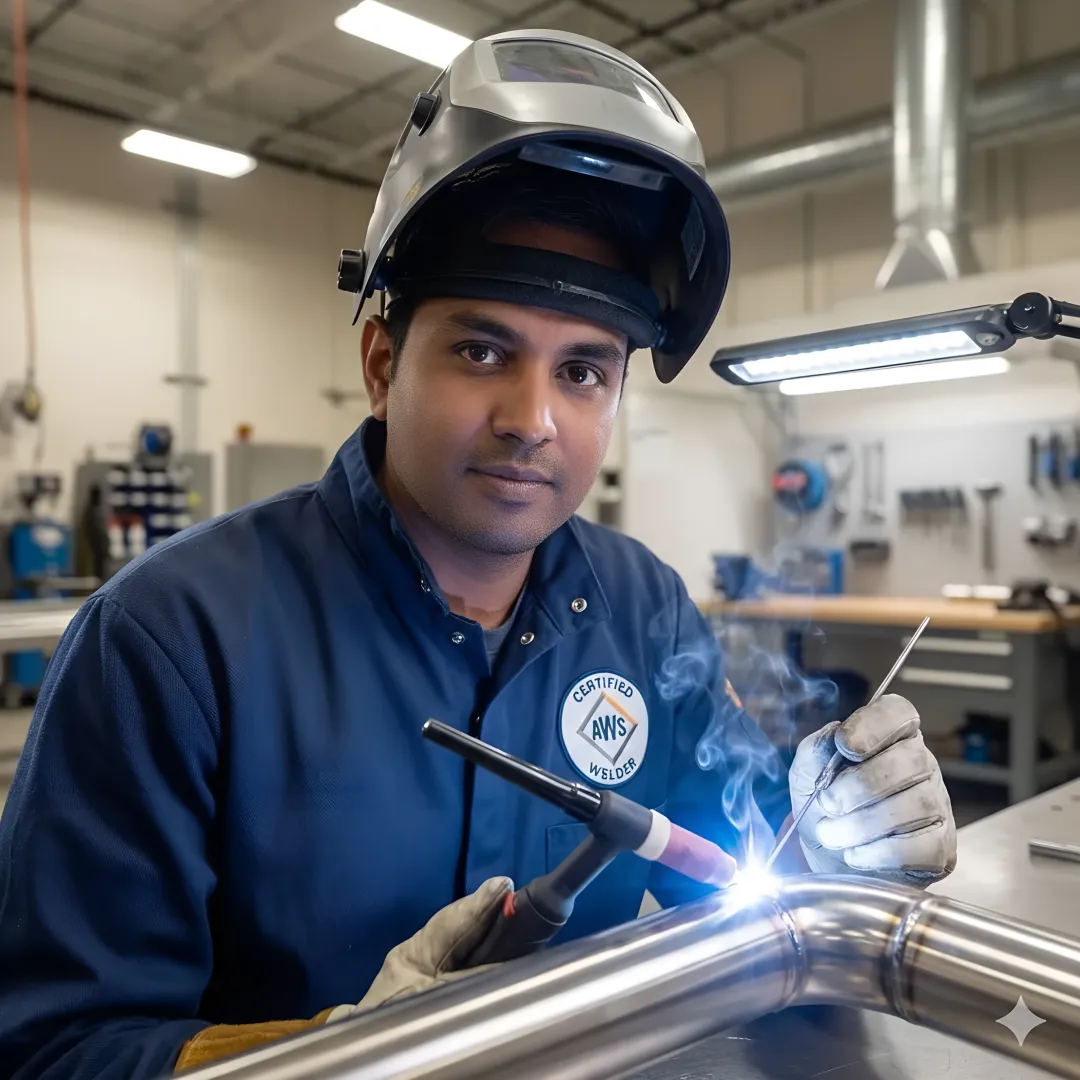 Aerospace welder inspecting completed TIG weld on titanium flight component under magnification