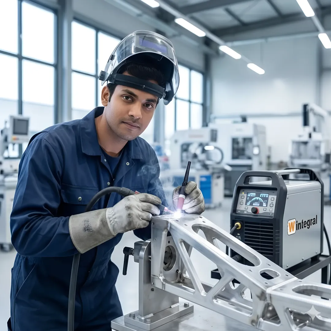 Engineer reviewing welding specifications with precision fabricated metal components on inspection table