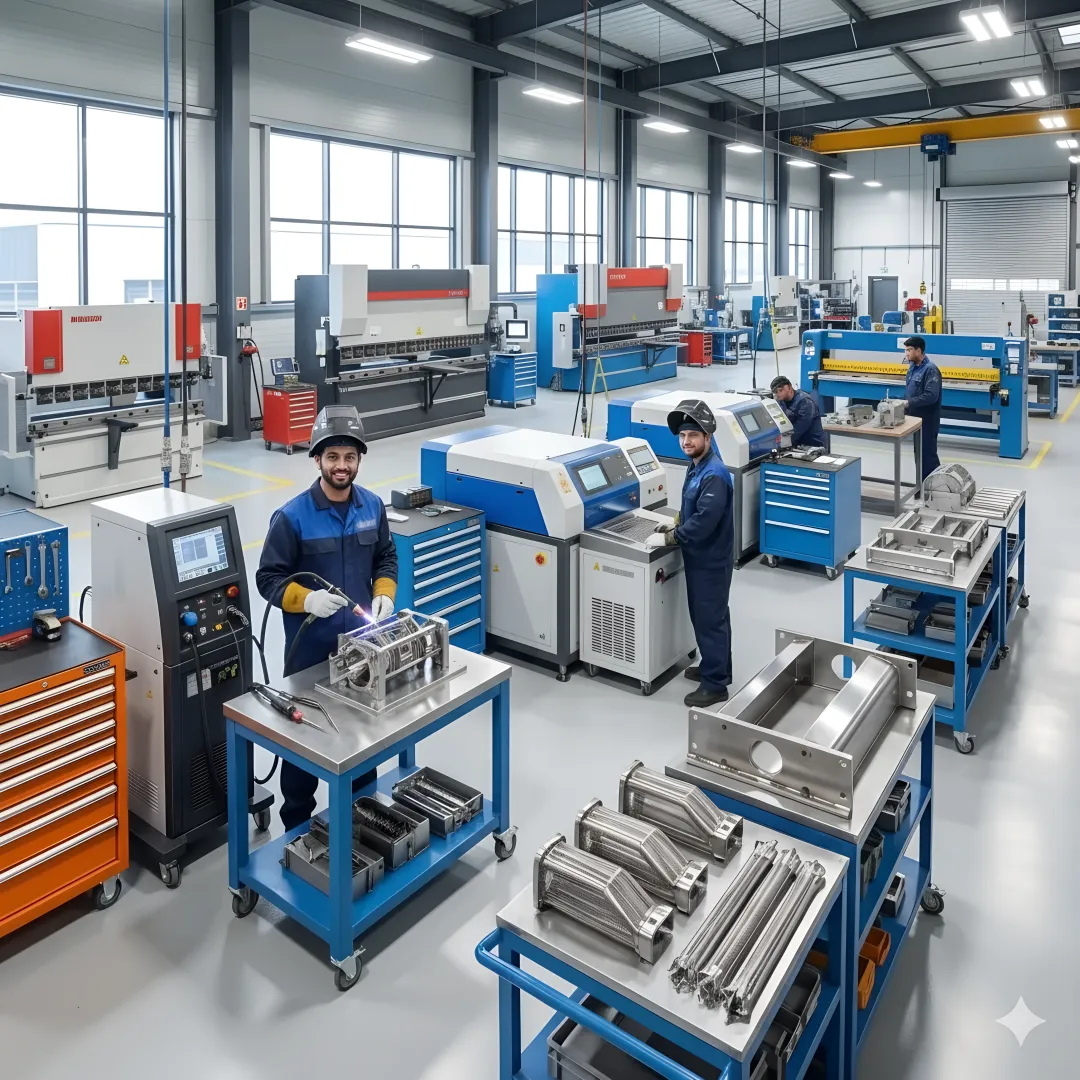 Industrial production welding facility with advanced welding equipment and metal fabrication workstations