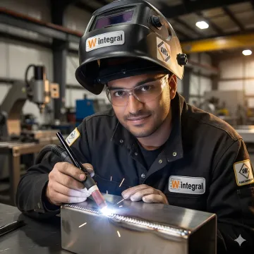 Precision welding technician performing micro TIG welding on industrial component