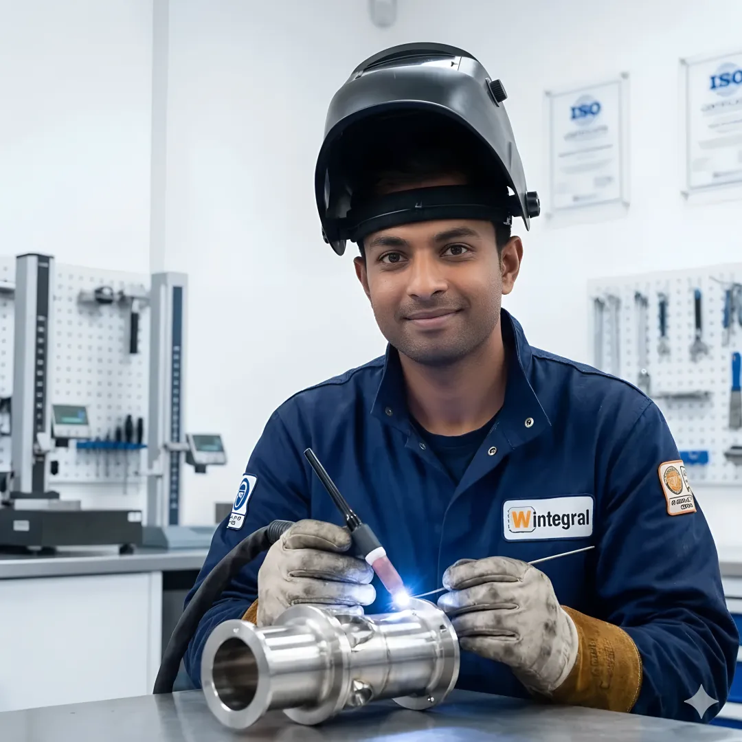 AWS-certified welder performing precision TIG welding on OEM component