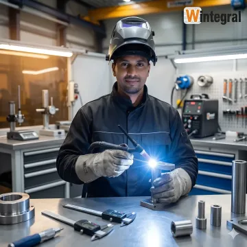 Professional contract welder performing precision TIG welding on industrial component in modern manufacturing facility