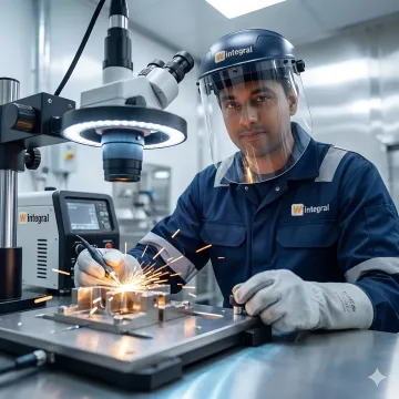 Precision welding specialist performing micro-laser welding on intricate metal component