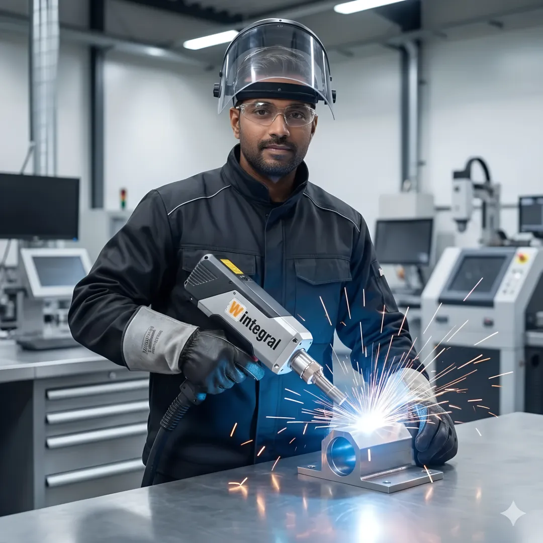 Professional welding technician performing precision laser welding on industrial component in modern fabrication facility
