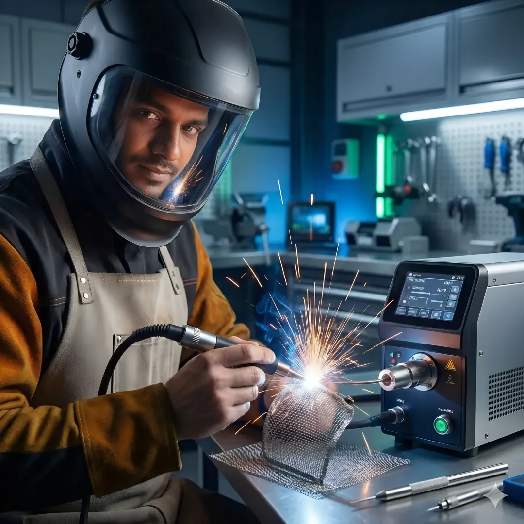 Professional aluminum welding technician performing precision TIG welding on industrial aluminum component