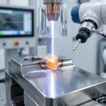 Close-up of precision laser welding being performed on industrial metal component