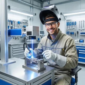 Precision welding technician performing laser welding on a delicate metal component