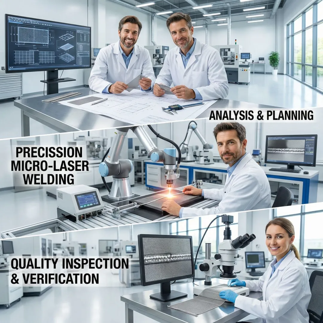 Step-by-step industrial welding process showing consultation, parameter setup, welding execution, and quality inspection