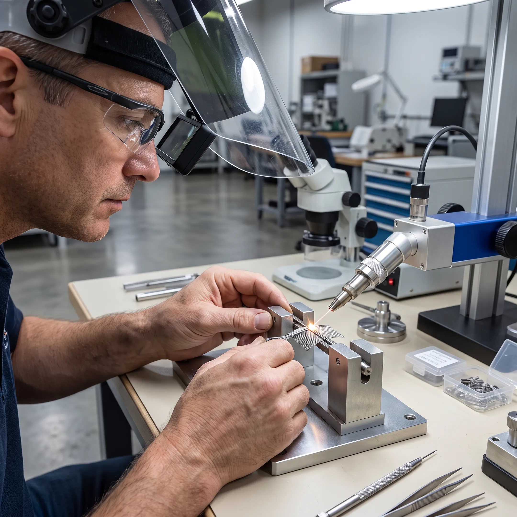 Technician precision welding an aerospace prototype