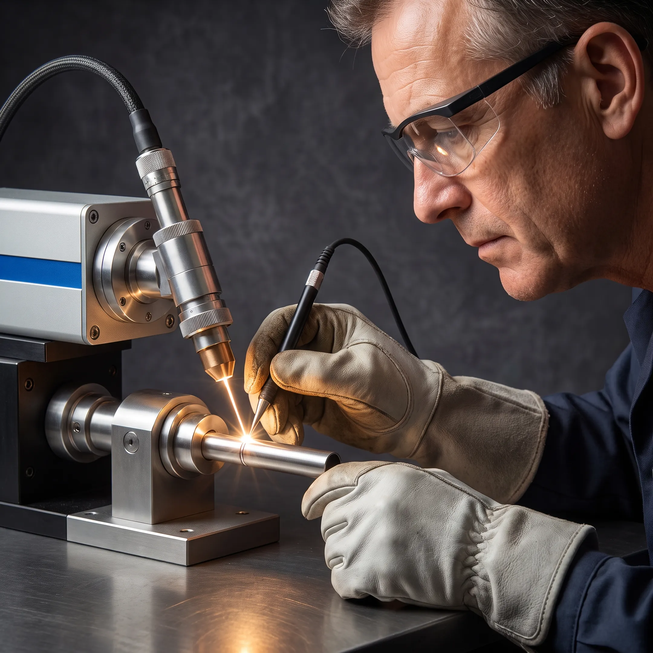 Technician welding a precision defence component