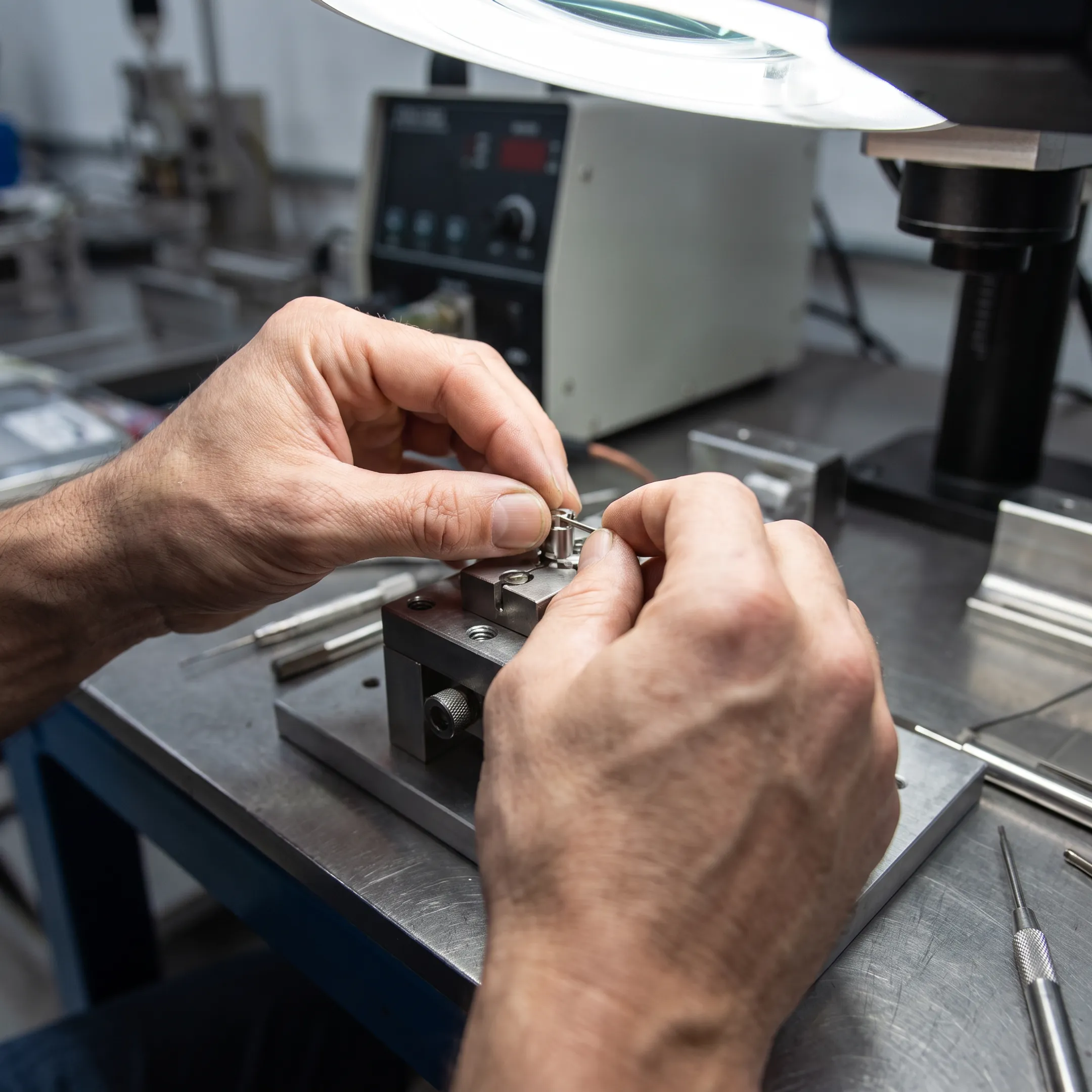 Technician setting a fixture for precision welding