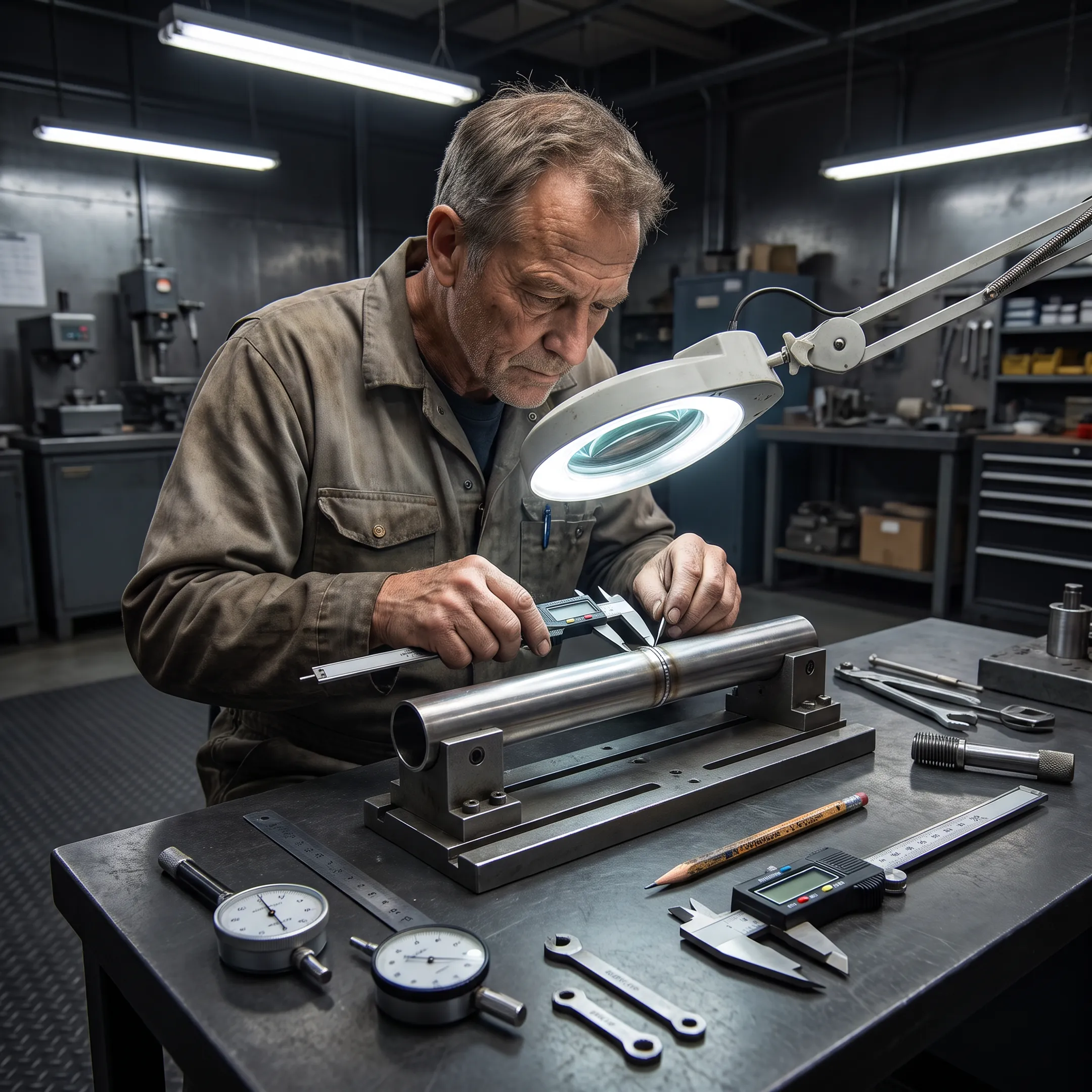 Engineer inspecting a precision welded defence prototype