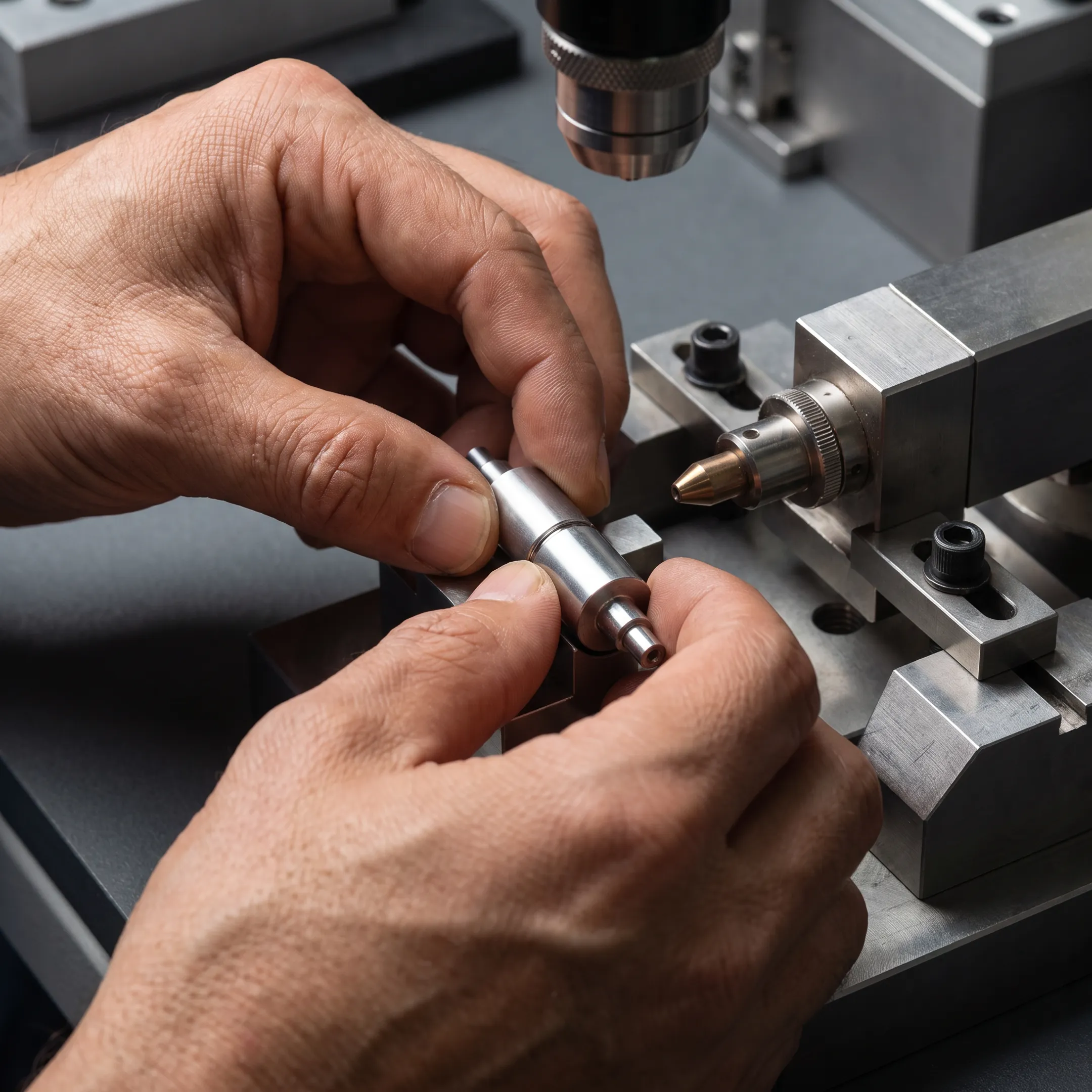 Technician preparing a precision laser welding fixture
