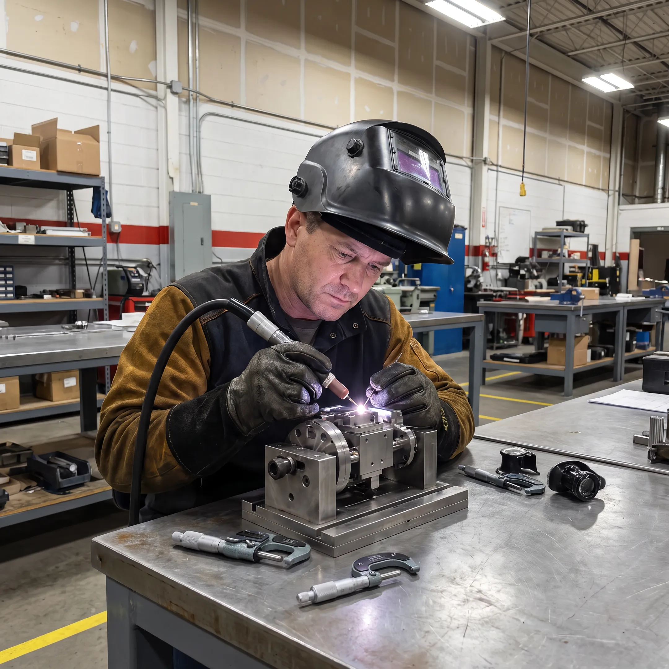Technician welding a compact robotics assembly