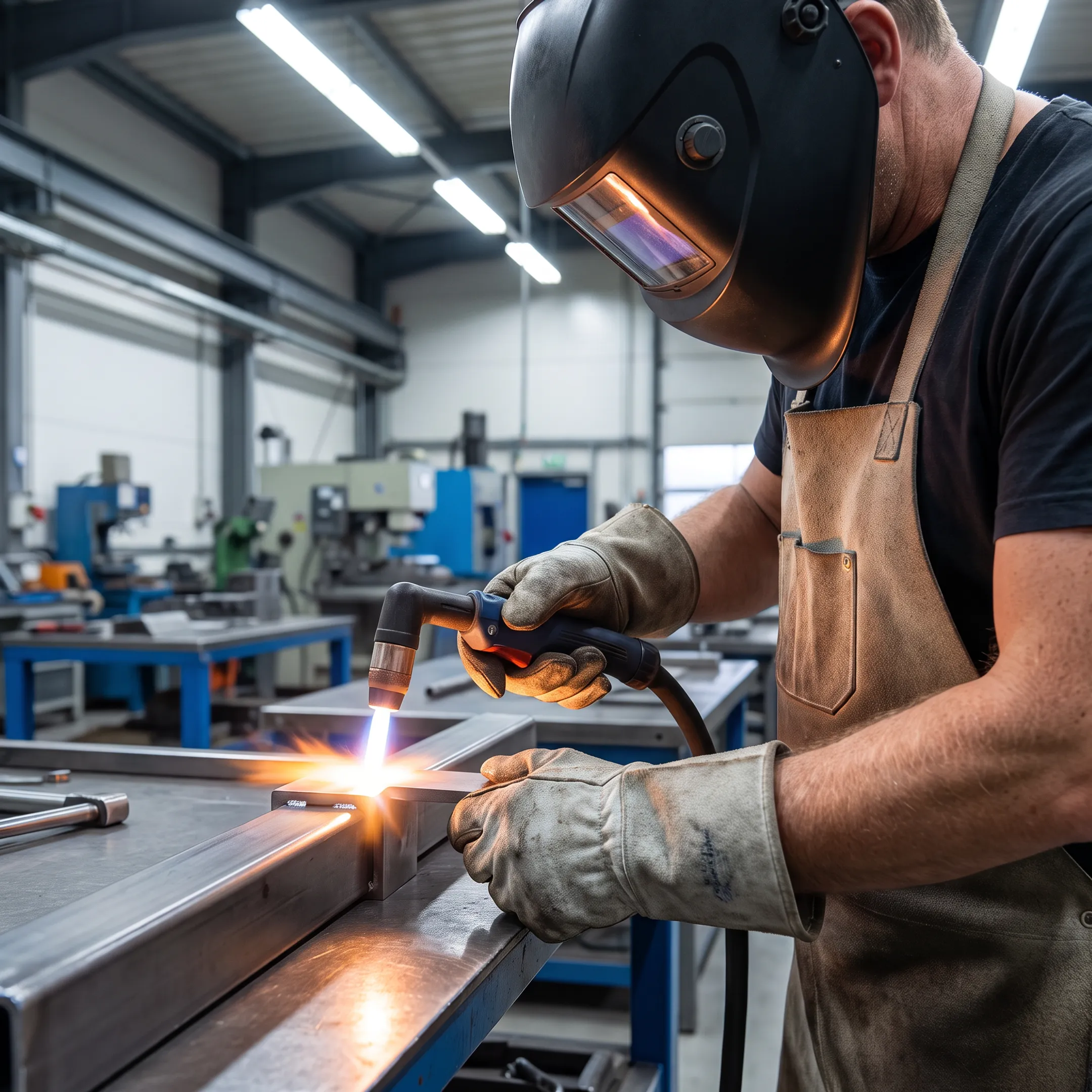 Technician plasma welding a precision alloy component