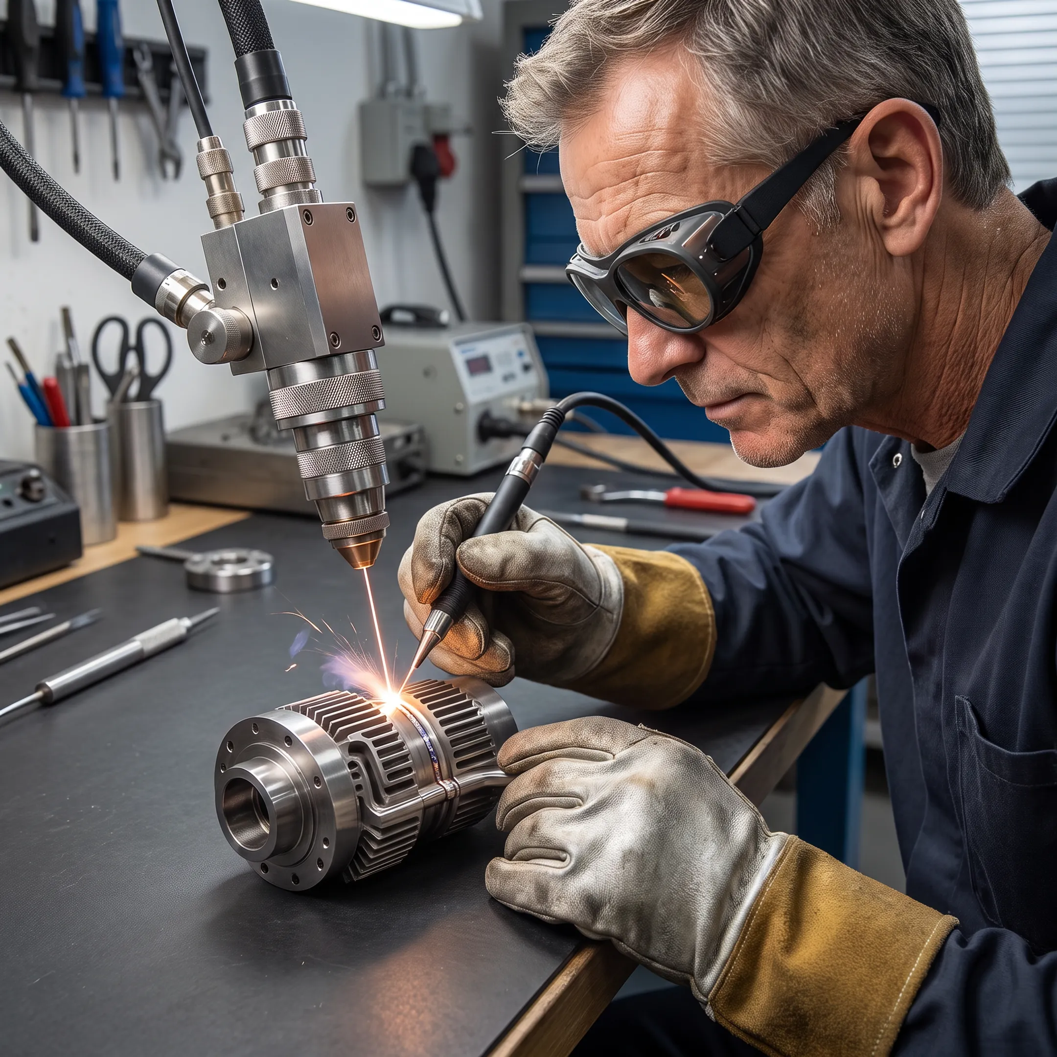 Technician precision welding an aerospace engine component