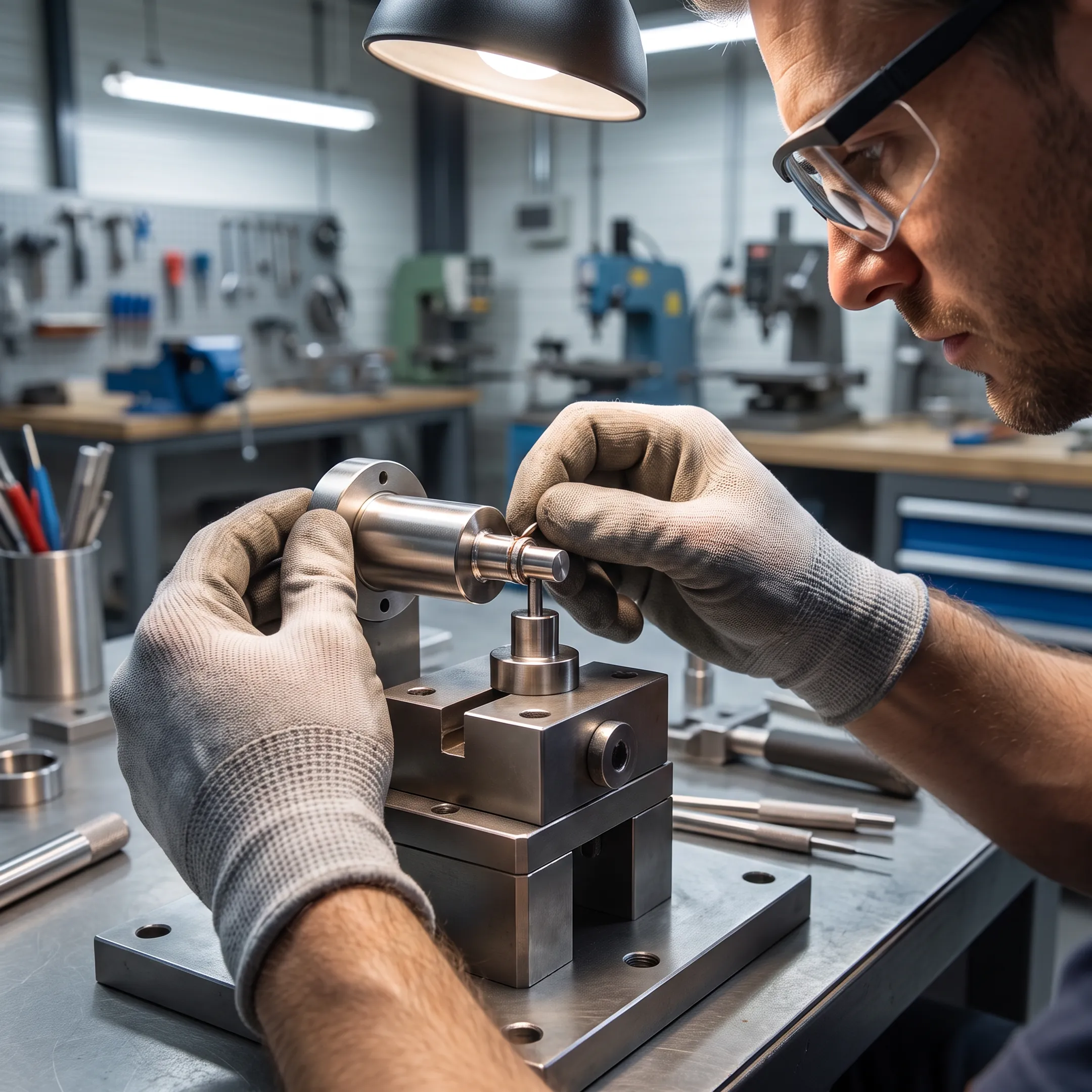 Technician precision welding a metal component