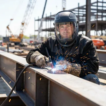 Professional welder performing field welding services on structural steel