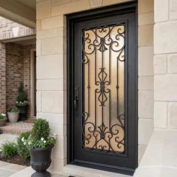 Custom steel door with intricate design patterns installed at a Costa Mesa residence