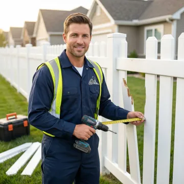 Professional technician repairing white vinyl fence panels