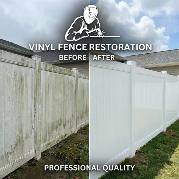 Before and after comparison of vinyl fence repair work