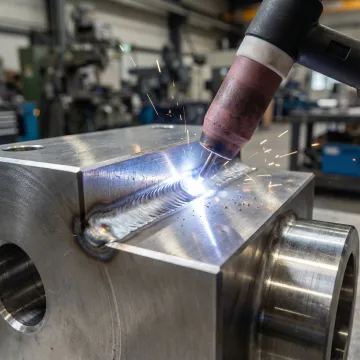 Close-up view of precision TIG welding process on industrial steel component