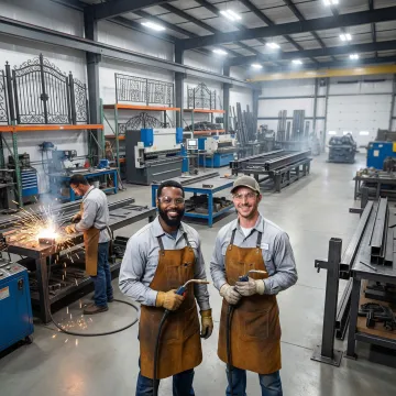 Professional iron fabrication workshop with custom metalwork pieces