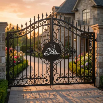 Beautiful custom wrought iron driveway gate with decorative scrollwork at upscale residential entrance