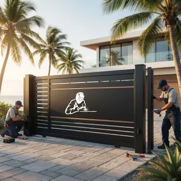 Modern aluminum driveway gate installation at a Laguna Beach home