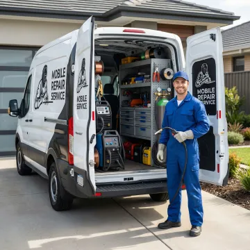 Mobile repair van with technician loading professional welding equipment