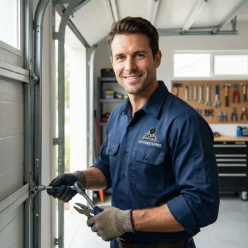 Professional technician repairing garage door with tools and equipment