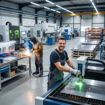 Professional sheet metal fabrication workshop with precision cutting and welding equipment